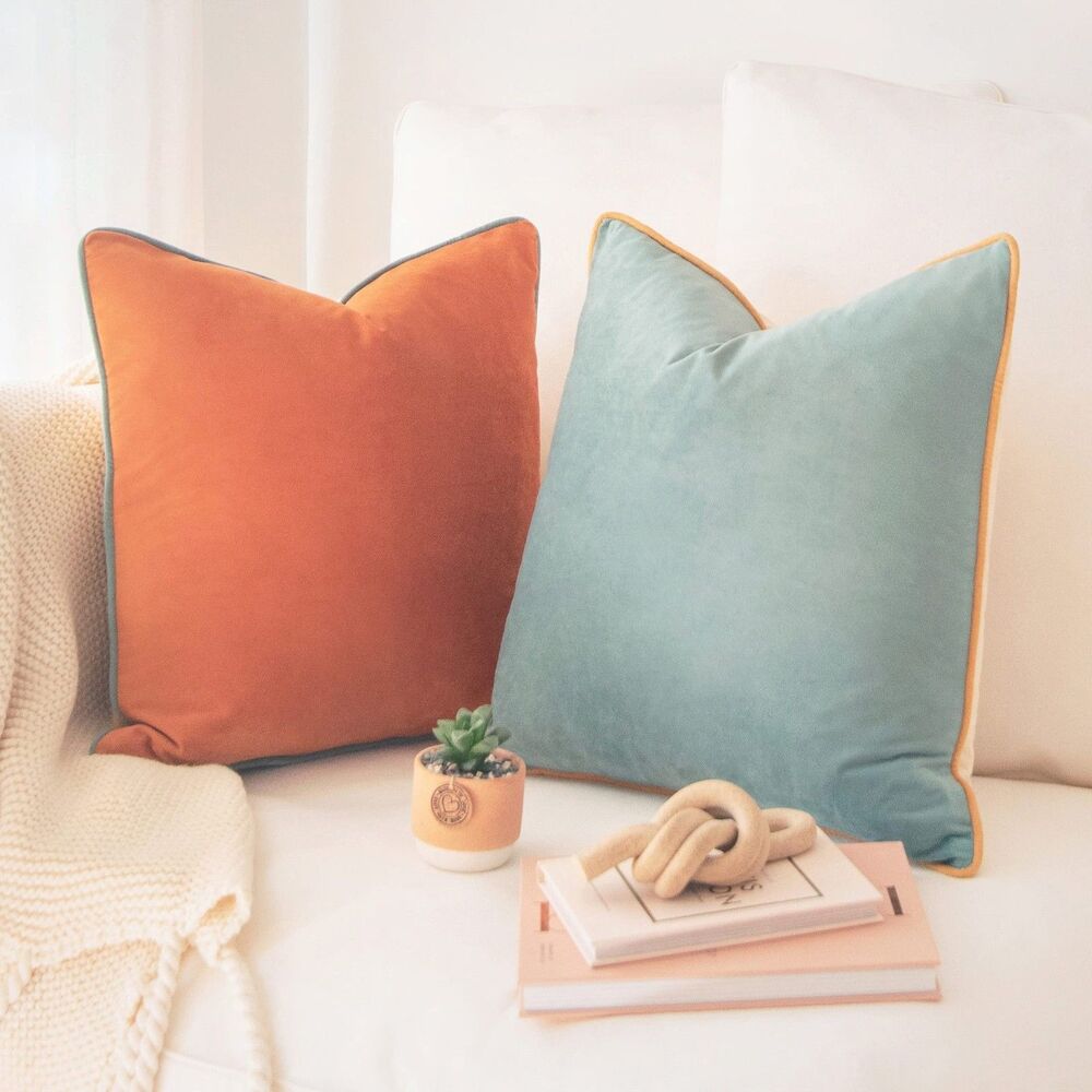 Set of 2, 24x24 inch, Velvet Decorative Throw Pillow Covers (Orange/Teal)